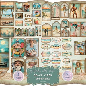 Beach Vibes Junk Journal Kit, Vintage Coastal Ephemera, Seashell Paper, Ocean Vibes Labels, Tags & Backgrounds, Summer Scrapbooking nautical