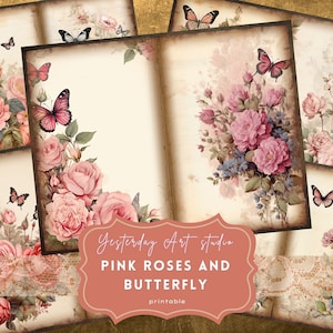 Rosa Rose und Schmetterlinge Junk Journal Papier Digitales Scrapbook Papier Kit Vintage Ephemera Collage Schmetterling Junk Journal Kit Rosa Rose Papier