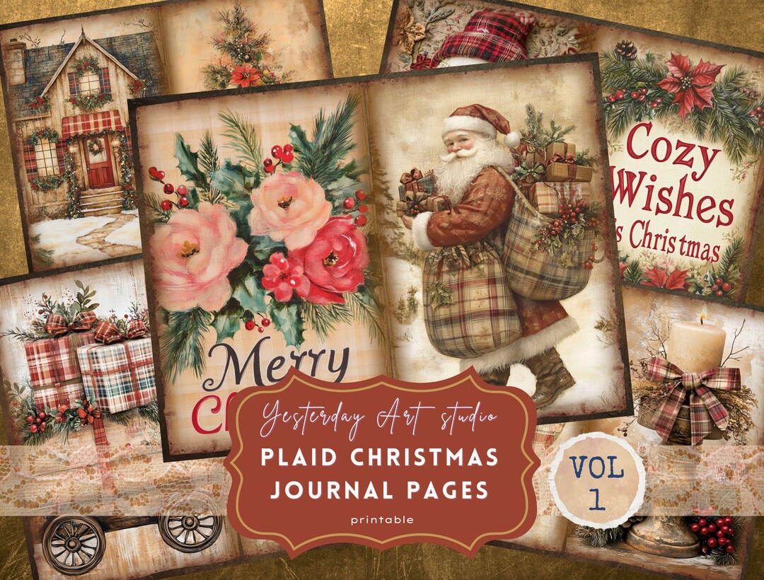 Vintage Christmas Holiday Plaid Faded Collage Rustic Floral Printable ...