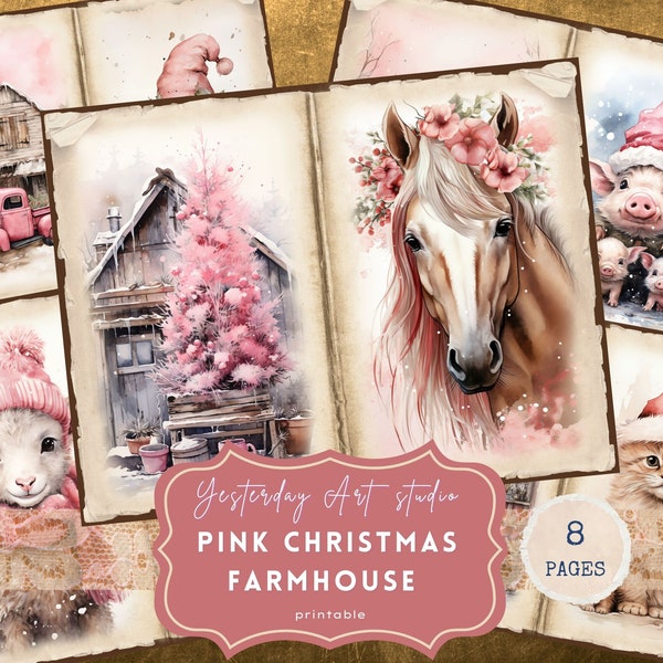 Pink Christmas Junk Journal Pages Ephemera Digital Scrapbook Paper Kit Collage Pink Christmas on Farm Junk Journal Kit Christmas Farmhouse