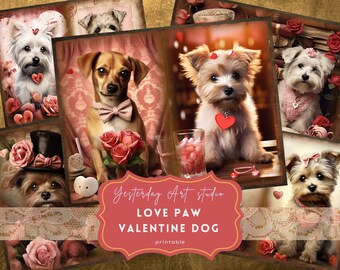 Valentine Dog Junk Journal Page Ephemera Digital Scrapbook Valentine Paper Kit Collage Valentines Junk Journal Kit Valentines Day paper