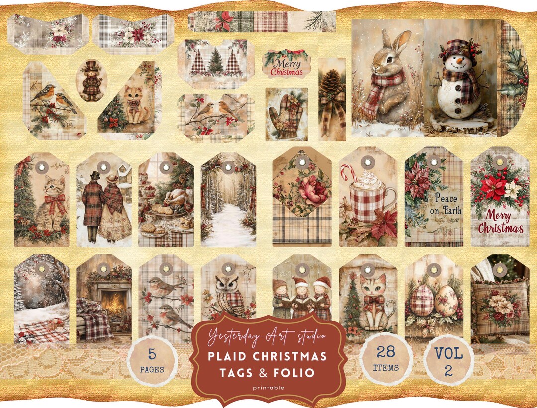 Vintage Christmas Holiday Plaid Faded Collage Rustic Floral Printable ...