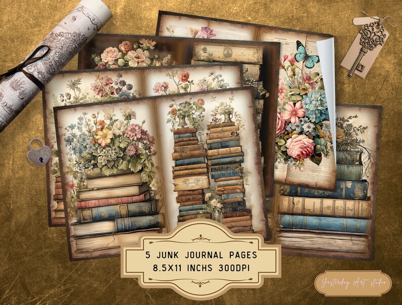 Vintage Book Junk Journal Pages Ephemera Digital Scrapbook Paper Kit ...
