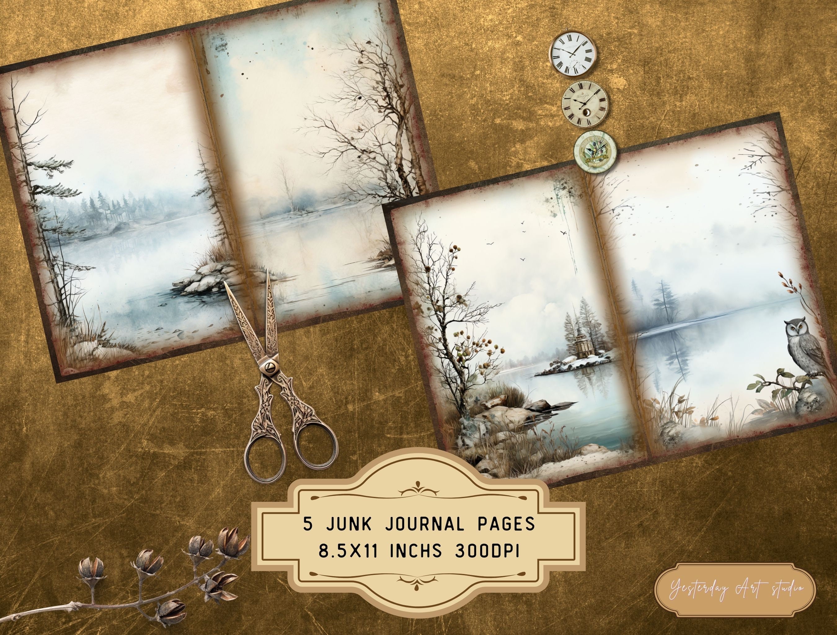 Winter Lake Junk Journal Pages Ephemera Digital Scrapbook Paper Kit ...