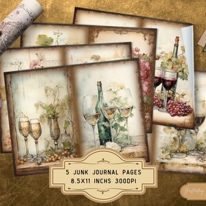 Peut inclure: Cinq pages de journal de rebut imprimables avec des illustrations de style vintage de verres &agrave; vin et de bouteilles avec des raisins. Les pages mesurent 8,5 x 11 pouces et 300 DPI.