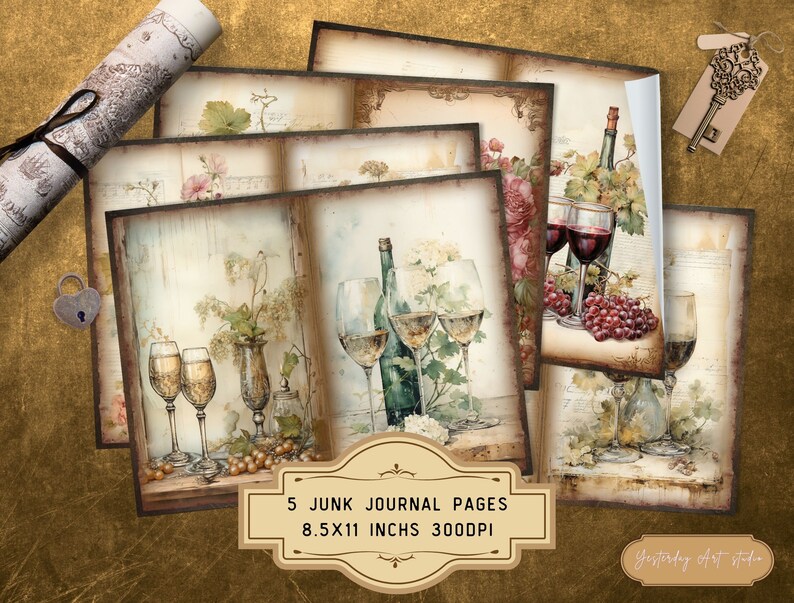 Vintage Wine Glasses Junk Journal Pagers Ephemera Digital Scrapbook