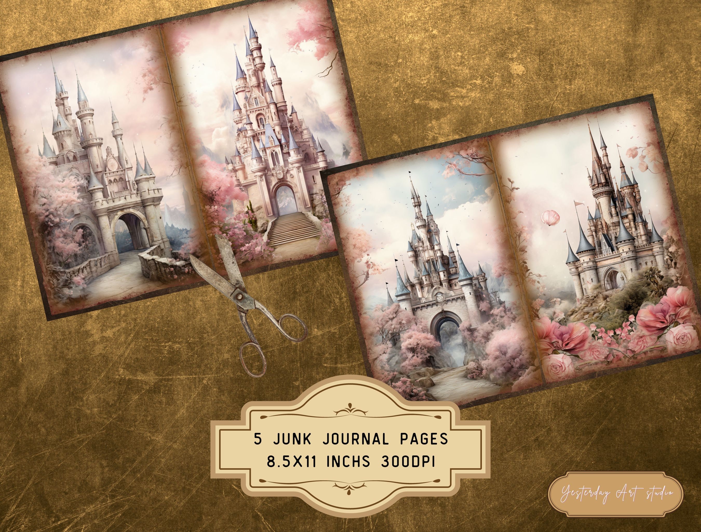 Pink Fantasy Castle Junk Journal Pages Ephemera Digital Scrapbook Paper ...