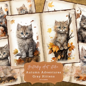 Autumn kitten Junk Journal Pages Digital Scrapbook Paper Kit Vintage Ephemera Printable Paper Collage Sheet Journal Kits Autumn with kittens