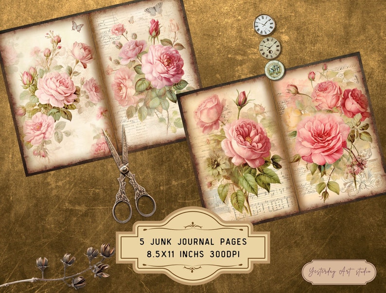 Vintage Rose Shabby Junk Journal Pages Ephemera Digital Scrapbook Paper ...