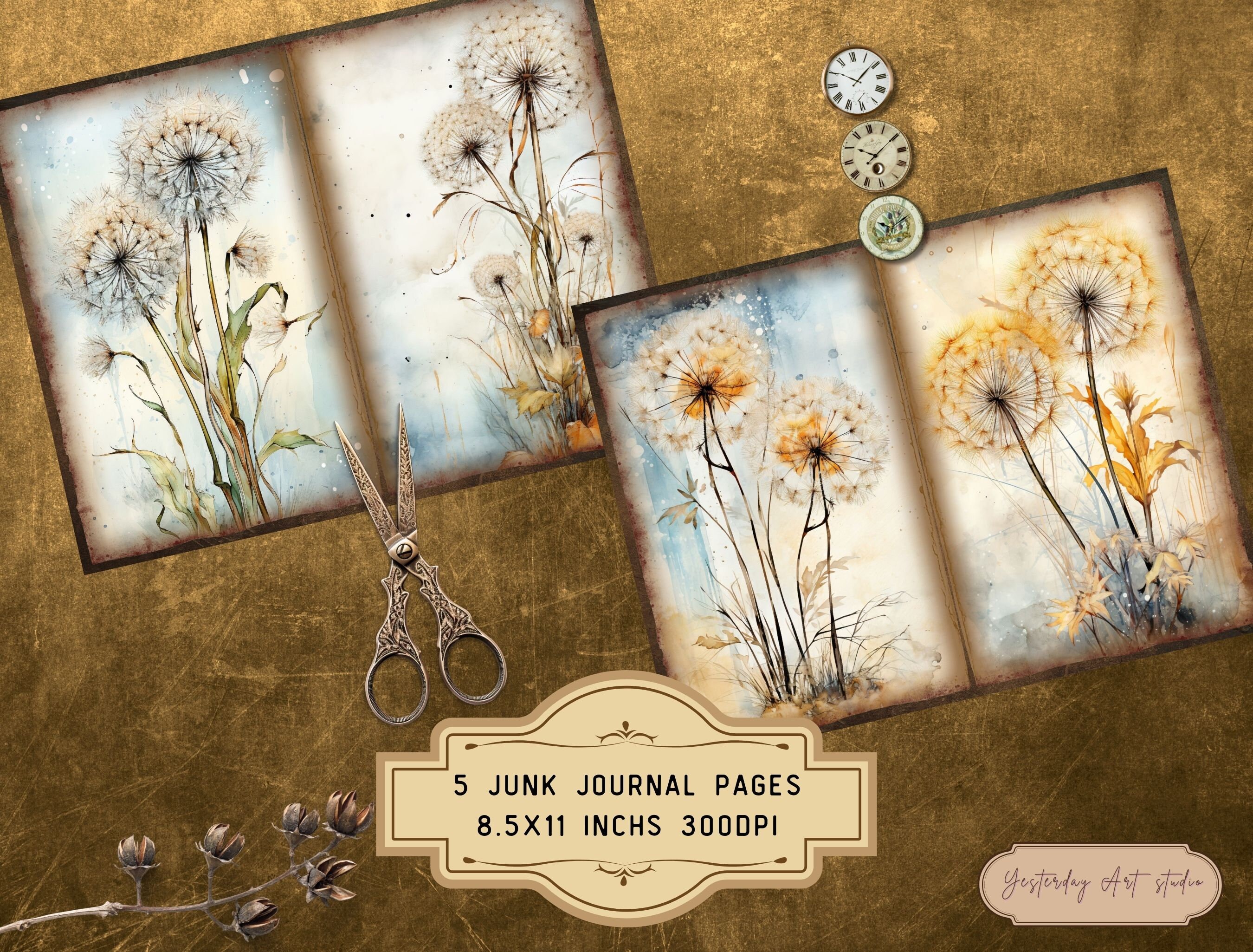 Dandelion Junk Journal Pages Ephemera Digital Scrapbook Paper Kit ...