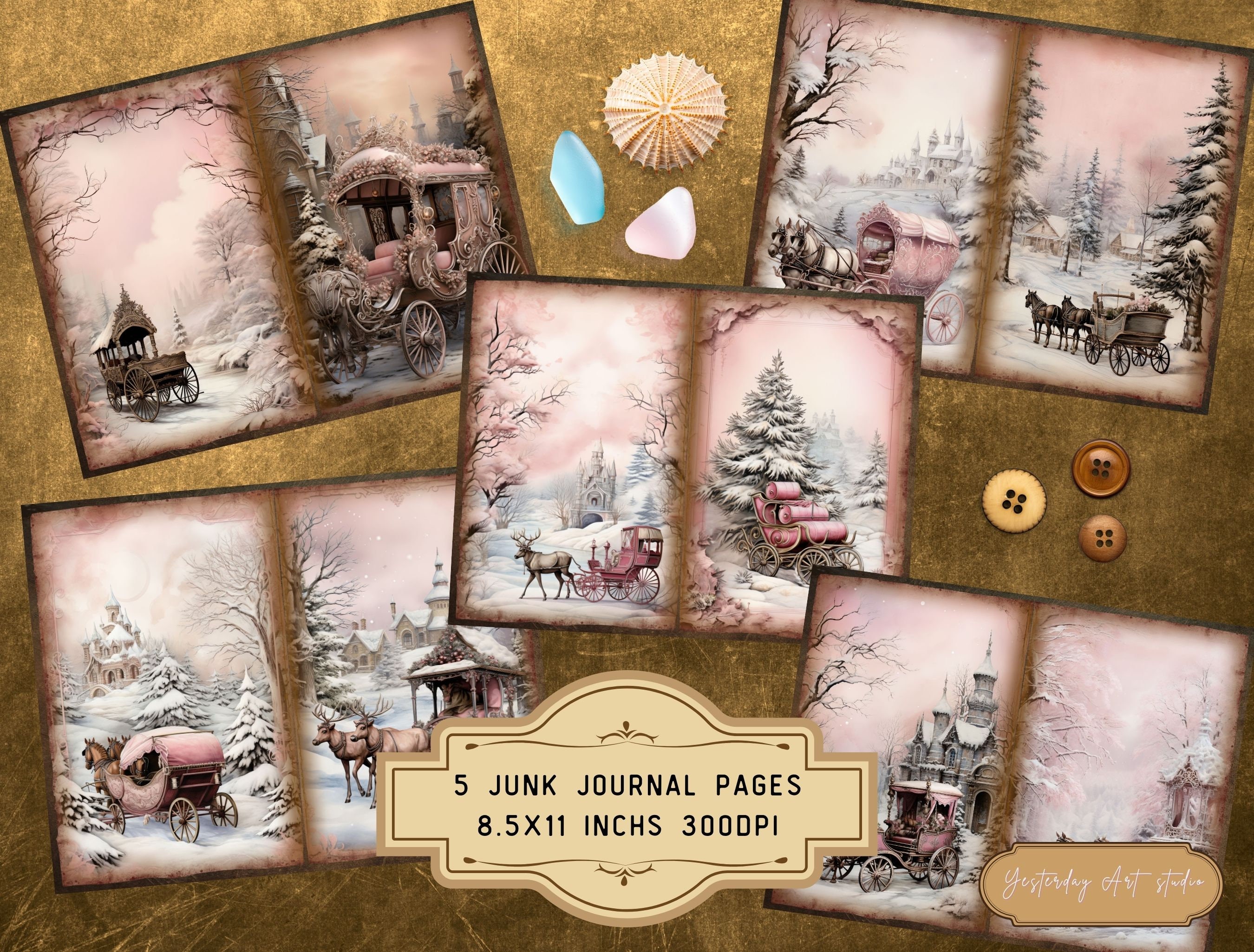 Pink Christmas Junk Journal Pages Ephemera Digital Scrapbook Paper Kit ...