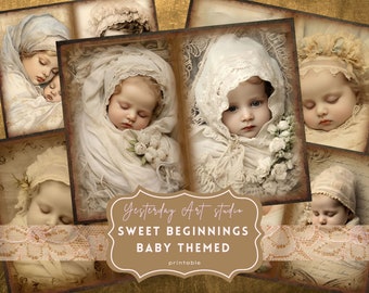 Dziennik śmieci dla dzieci z motywem dziecięcym Wydrukowane papiery Zestaw papieru do scrapbookingu cyfrowego Vintage Baby Ephemera Collage Zestaw dziennika śmieci dla dzieci Chłopczyk Dziewczynka