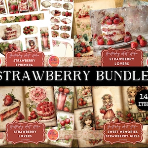 Vintage Strawberry Junk Journal Pages Strawberry Dream Folio Papier Scrapbooking numérique vintage Ephemera BUNDLE Kit de carnets Strawberry Junk Journal