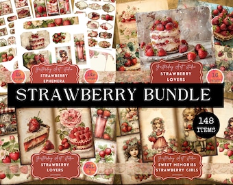 Vintage Strawberry Junk Journal Páginas Strawberry Dream Folio Digital Scrapbook Papel Vintage Ephemera BUNDLE Strawberry Junk Journal Kit