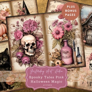 Pink Halloween Junk Journal Pages Digital Scrapbook Paper Kit Vintage Ephemera Printable Paper Collage Sheet Pink Halloween Junk Journal Kit