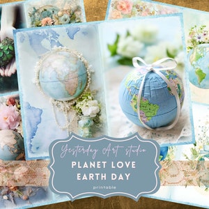 Diário lixo do dia da terra diário lixo para impressão terra efêmera digital scrapbook kit de papel terra colagem terra lixo diário kit planeta amor