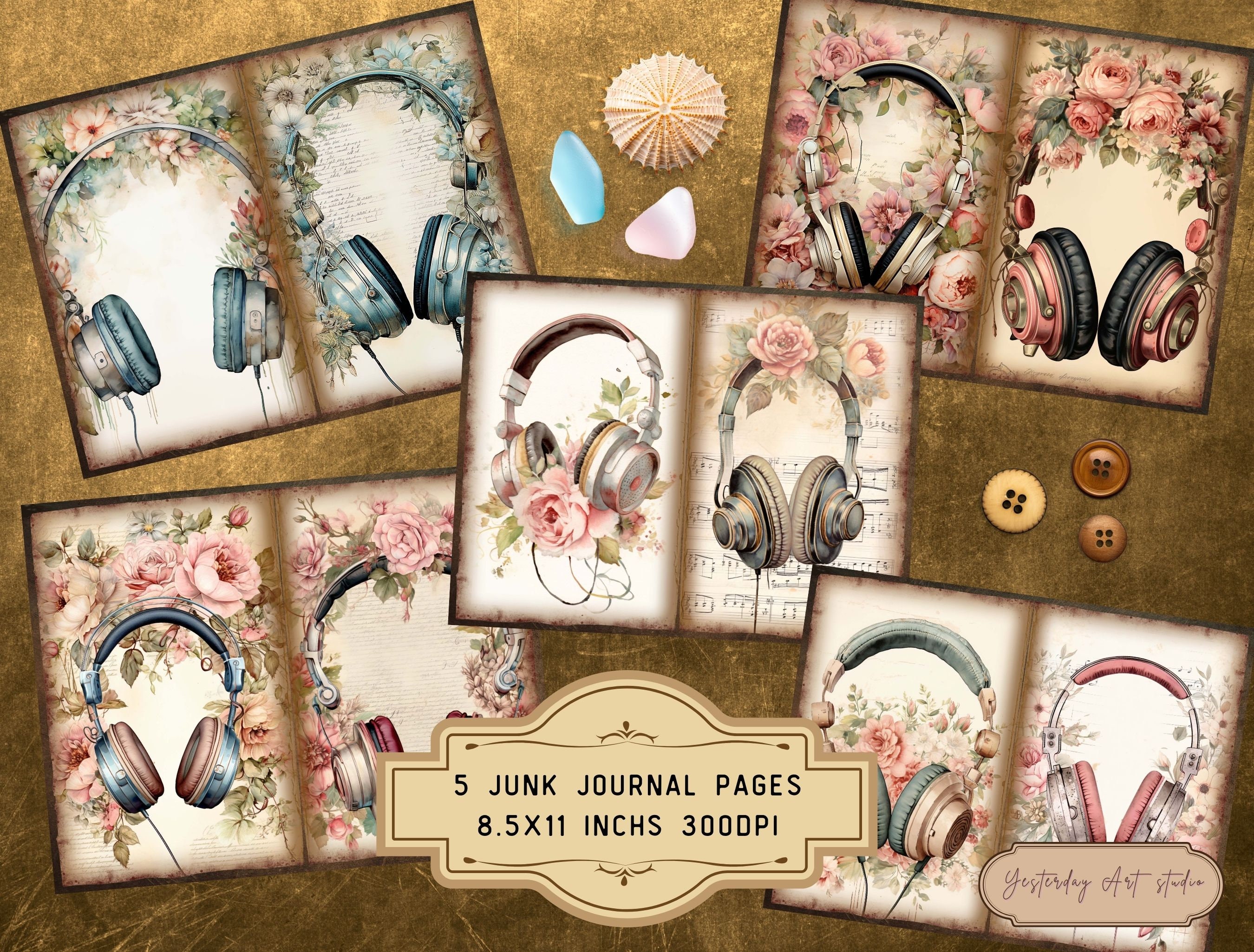 Headphone Junk Journal Pages Ephemera Digital Scrapbook Paper Kit ...