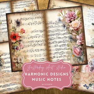 Vintage Music Notes Junk Journal Pages Ephemera Digital Scrapbook Paper Kit Collage Holiday Sheet Music Junk Journal Kit flower music papers