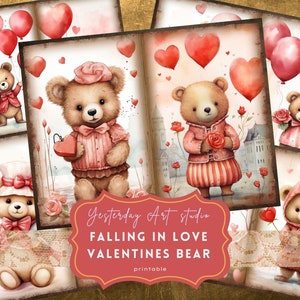 Valentine Bear Junk Journal Página Ephemera Digital Scrapbook Valentine Paper Kit Collage Valentines Junk Journal Kit Papel del Día de San Valentín