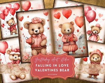 Valentine Bear Junk Journal Page Ephemera Digital Scrapbook Valentine Paper Kit Collage Valentines Junk Journal Kit Valentines Day paper