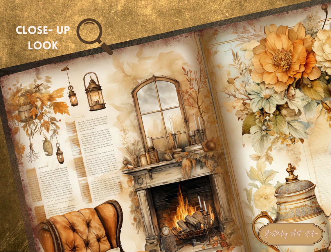 Autumn Junk Journal Pages Digital Scrapbook Paper Kit Vintage Ephemera ...