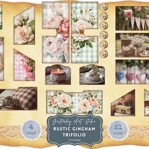 Shabby Floral Gingham Junk Journal Kit, Vintage Cottagecore Ephemera, Printable Scrapbook Paper & Clipart gingham digital kit trifold folio