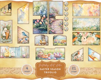 May include: A printable Easter-themed scrapbook paper pack with 21 items and 4 pages. The paper features a variety of images, including bunnies, chicks, eggs, and flowers. The paper is perfect for creating cards, scrapbook pages, and other crafts.