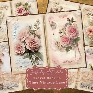 Vintage Junk Journal Seiten mit Spitze, Digitales Papier Kit, Vintage Ephemera Collagen Ink und Lace Vintage Seiten, Papier, Scrapbook Papier, Bastelprojekte, Scrapbook Papier