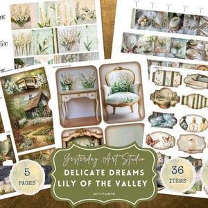 Kit de carnet de notes imprimable fleurs de lys muguet, kit folio de fleurs éphémères de lys des montagnes printanières, kit folio de fleurs vintage pour Scrapbooking