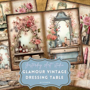 May include: A collage of vintage-style illustrations featuring dressing tables, mirrors, and floral arrangements. The images have a soft, aged aesthetic with muted colors, including pink, blue, and brown. The text "Yesterday Art studio GLAMOUR VINTAGE DRESSING TABLE printable" is visible.
