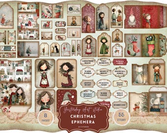 Könnte beinhalten: Eine Sammlung von Weihnachtsephemera mit Vintage-Ästhetik. Das Set enthält Tags, Karten und Illustrationen mit Kindern, Tieren und festlichen Elementen. Der Text enthält Sätze wie "Christmas Magic" und "Warm Wishes". Das Set enthält 55 Artikel.