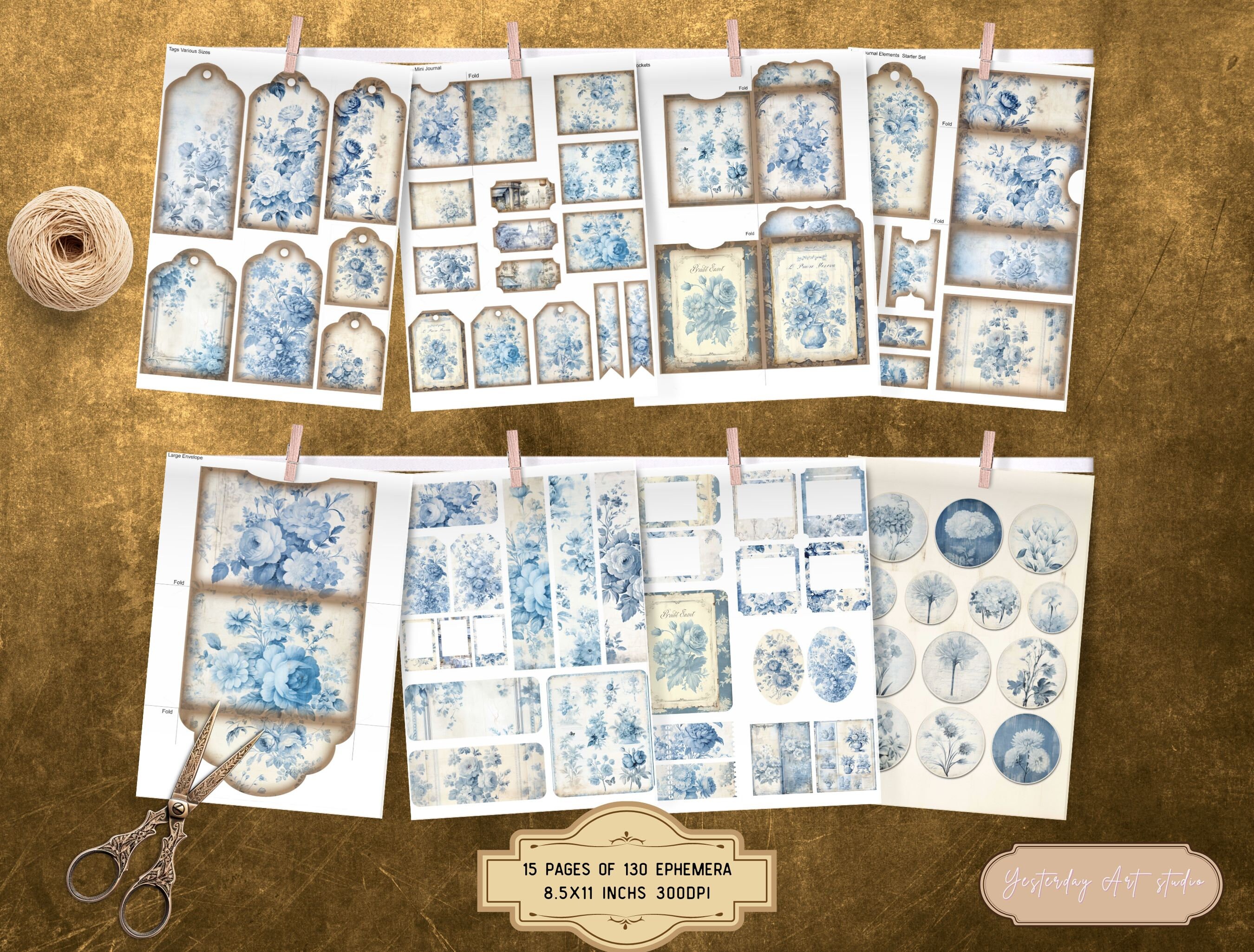 Vintage French Blue Toile Ephemera Junk Journal Pages Digital ...
