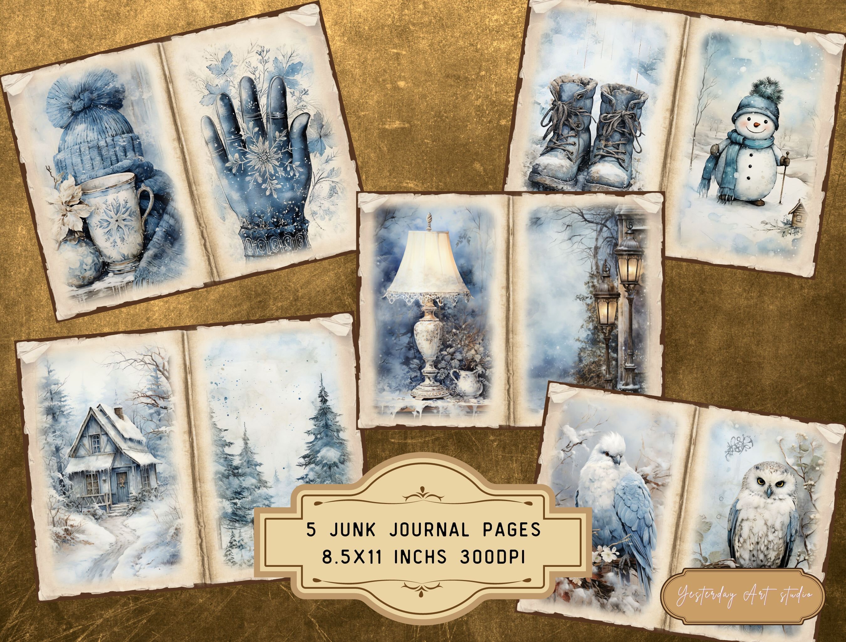 Blue Winter Journal Pages Digital Scrapbook Paper Kit Vintage Ephemera ...
