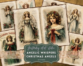 Peut inclure: Un collage numérique d'images vintage représentant des anges avec des ailes, tenant du houx et portant des robes blanches et bleues. Les images sont sur un fond de pages de vieux livres et de dentelle. Le texte "Angelic Whispers Christmas Angels" est affiché dans une bannière verte.