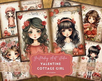 Valentine Cottage girl Junk Journal Pages Digital Scrapbook Paper Kit Vintage Ephemera Printable Paper Collage Sheet Journal Kits Cute girls