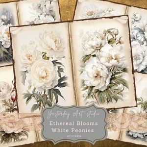 White Peonies Junk Journal Pages Digital Scrapbook Paper Kit Vintage Ephemera Collage Peony Junk Journal Kit Flower journal pages