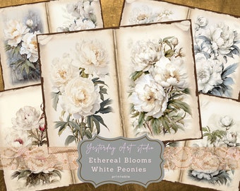 White Peonies Junk Journal Pages Digital Scrapbook Paper Kit Vintage Ephemera Collage Peony Junk Journal Kit Flower journal pages