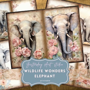 Diario spazzatura elefante Stampabile Ephemera Scrapbook digitale sulla fauna selvatica Kit di carta elefante Collage Kit diario spazzatura elefante Kit diario Safari