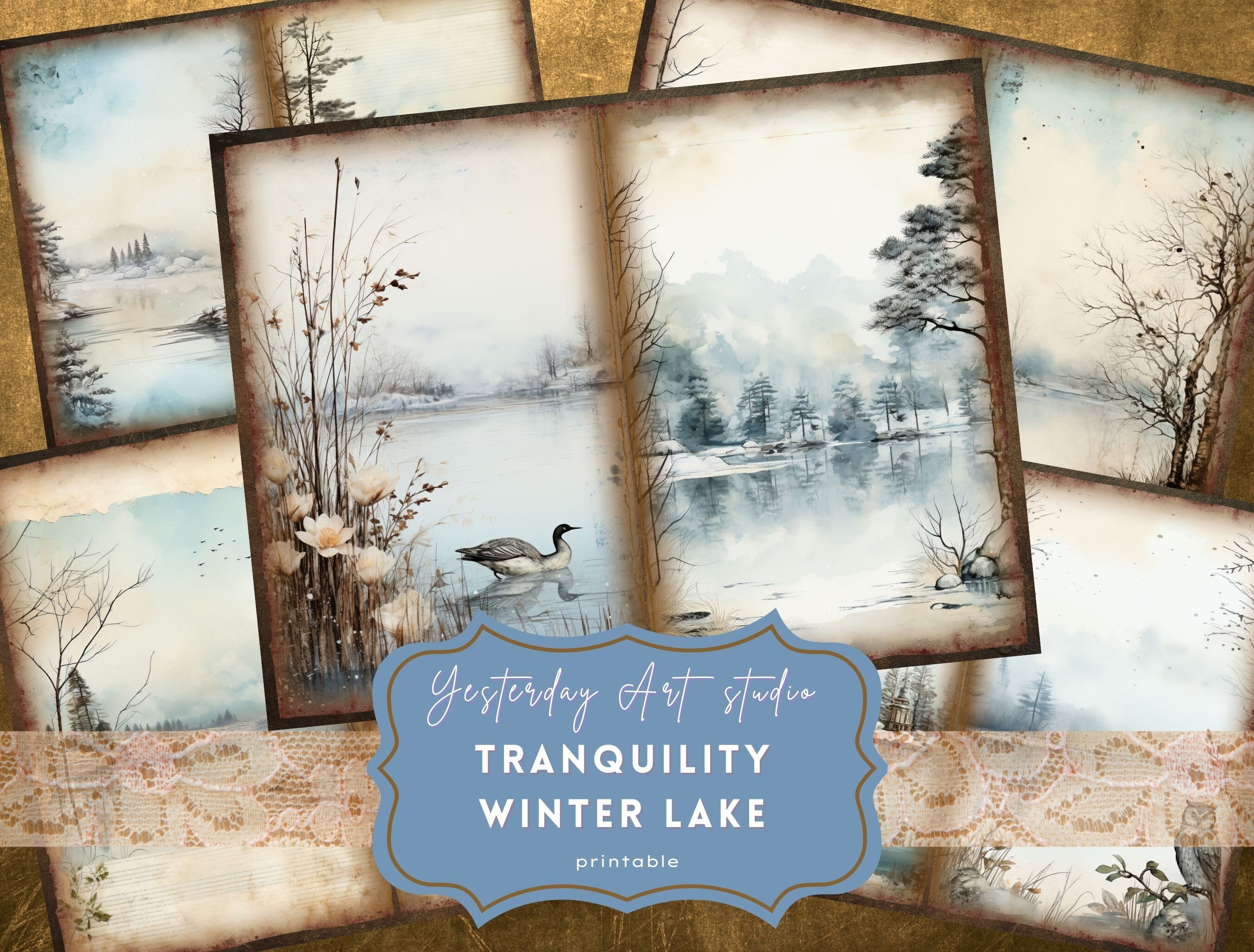 Winter Lake Junk Journal Pages Ephemera Digital Scrapbook Paper Kit ...