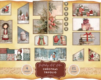 Könnte beinhalten: Ein druckbares Weihnachtstrifolio mit 21 Artikeln und 4 Seiten. Das Design zeigt Aquarellillustrationen von Winterszenen, darunter ein Mädchen, ein Schneemann, ein Schlitten, Häuser, Geschenke sowie einen Schal und Fäustlinge. Der Text "Yesterday Art Studio" ist sichtbar.