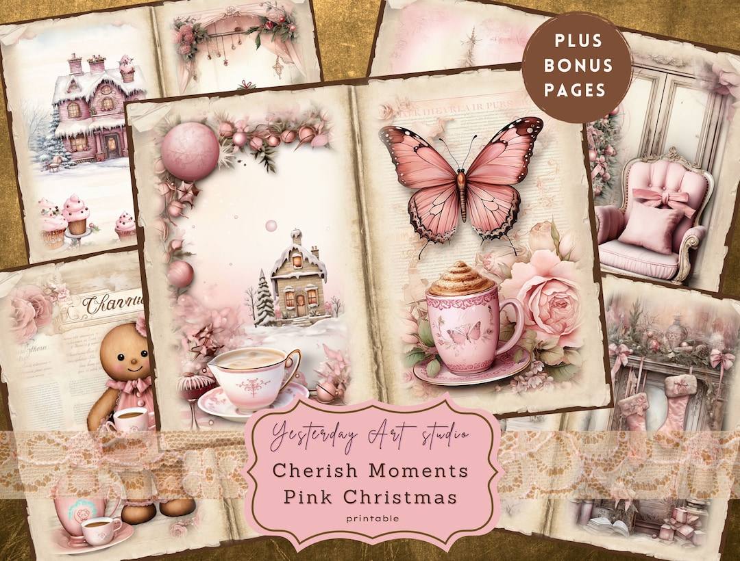 Pink Christmas Junk Journal Pages Digital Scrapbook Paper Kit Vintage ...