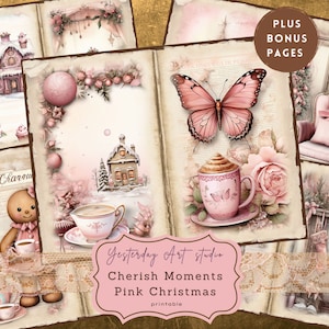 Pink Christmas Junk Journal pages Digital Scrapbook Paper Kit Vintage Ephemera Collage Sheet Festive junk journal kits  Christmas keepsakes