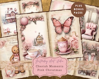 Pink Christmas Junk Journal pages Digital Scrapbook Paper Kit Vintage Ephemera Collage Sheet Festive junk journal kits  Christmas keepsakes