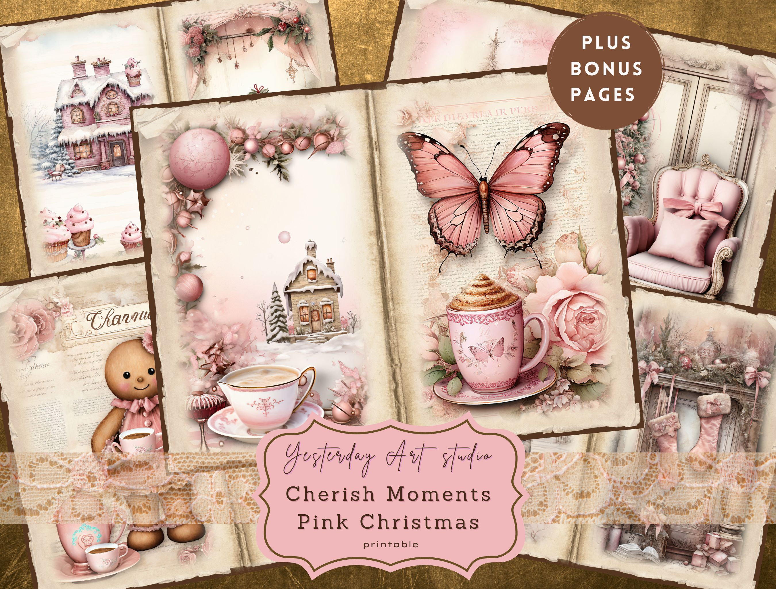 Pink Christmas Junk Journal Pages Digital Scrapbook Paper Kit Vintage ...