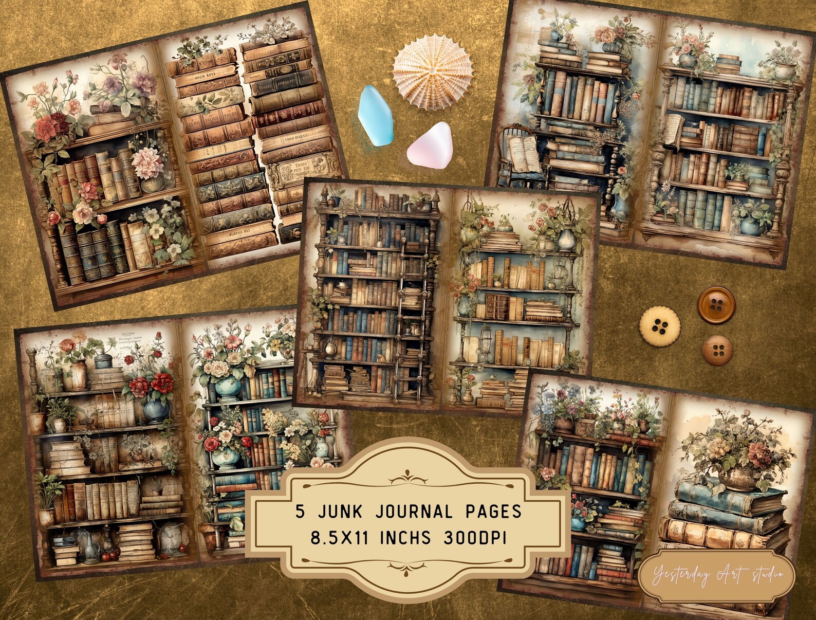 Vintage Library Junk Journal Pages Ephemera Digital Scrapbook Paper Kit ...