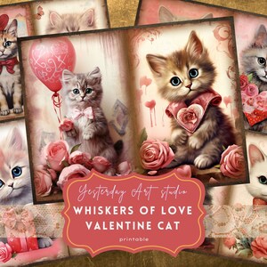 Valentine Cat Junk Journal Página Ephemera Digital Scrapbook Valentine Paper Kit Collage Valentines Junk Journal Kit Papel del Día de San Valentín