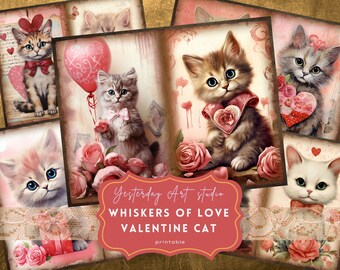 Valentine Cat Junk Journal Page Ephemera Digital Scrapbook Valentine Paper Kit Collage Valentines Junk Journal Kit Valentines Day paper