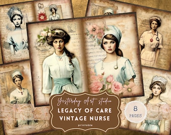 May include: A collection of vintage nurse-themed printable pages. The images feature illustrations of nurses in various poses, with soft color palettes and floral accents. The text "Yesterday Art studio" and "Legacy of Care Vintage Nurse" is visible.