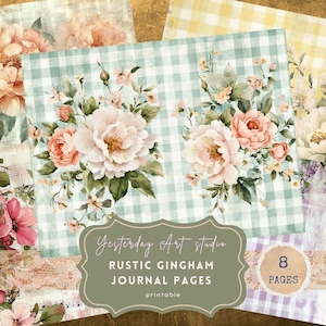 Shabby Floral Gingham Junk Journal Kit, Vintage Cottagecore Ephemera, Printable Scrapbook Paper & Clipart gingham digital kit trifold folio