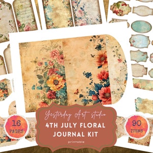 4th of July Junk Journal Kit USA Holiday Ephemera Patriotic Scrapbook Kit Independence Day Journaling Supplies Floral Fourth of July Pages
